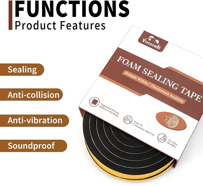 Yotache Self Adhesive Foam Gasket Tape 2 Rolls 1/2" W X 1/2" T (New Adhesive Craft) for Doors Soundproofing Weather Seal Strip Insulation, 13 Ft Length (2 X 6.5 Ft Each)