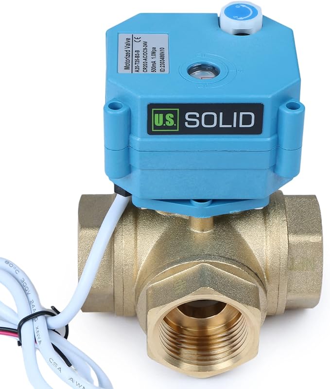U.S. Solid 1" 3 Way Brass Motorized Ball Valve L Type AC/DC9-24V, Water Shutoff Valve with Manual Function, Standard Port, NOT for Drinking Water