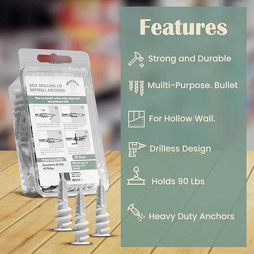 Reinforced Nylon 66 Drywall Anchors 90lb Limit, Self Drilling, Home Improvement Value Pack for Home Projects & Picture Hanging Kit, 25 Plastic Dry Wall Expansion Anchors and 25 Sheetrock Screws