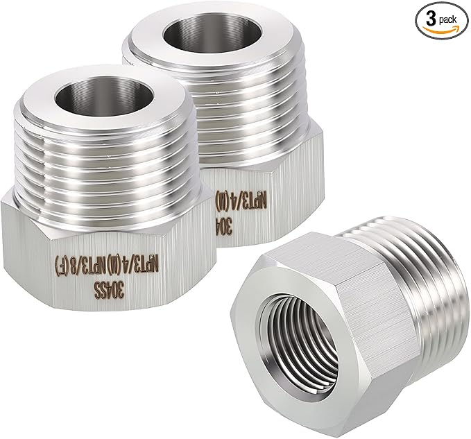 3 Pack 304 Stainless Steel Male to FeMale Adapter, 3/4" Male NPT x 3/8" FeMale NPT Hex Bushing Reducer for Industrial, Automotive, Fluid Transfer, Home Gardening, Water Treatment
