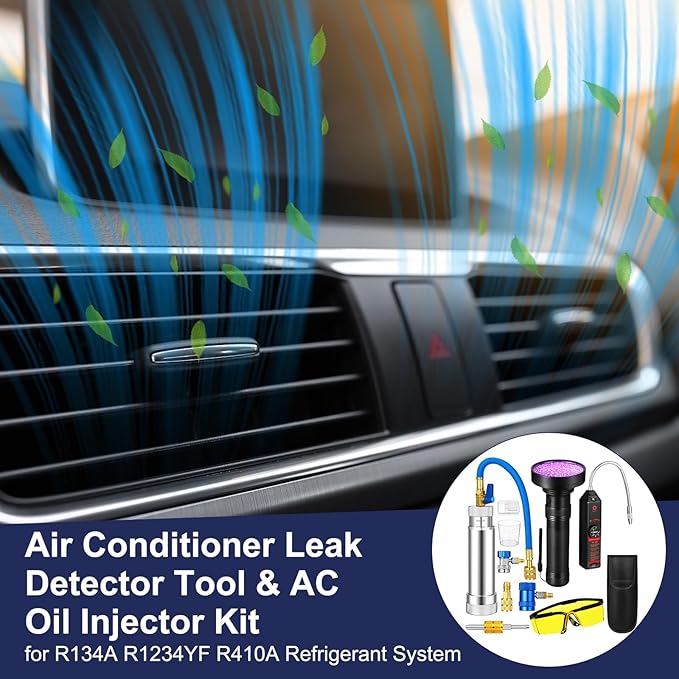 AC Leak Detector Kit, R1234yf R134a R410a AC Oil UV Dye Injector Kit Refrigerant Leak Detector Tool Low Side Quick Coupler Mini Split Adapter Glasses Flashlight(Useful)