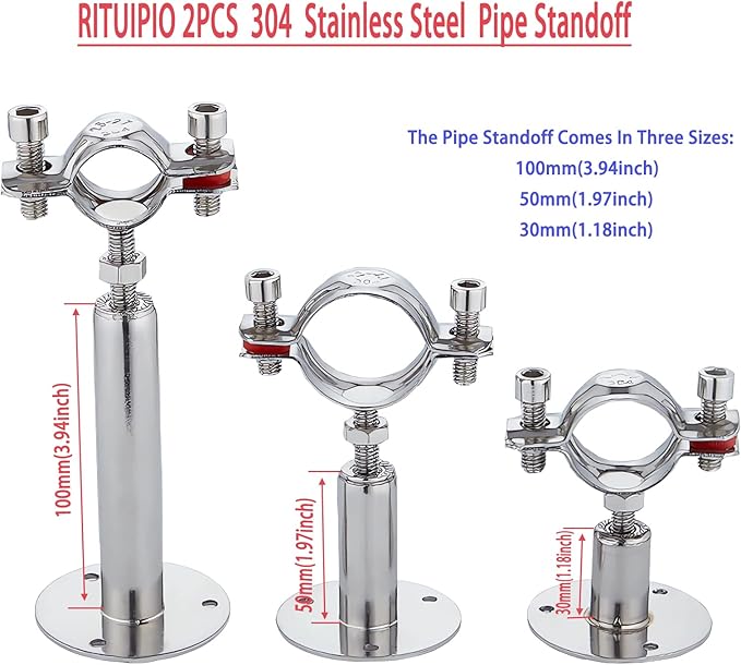 2PCS Wall Mount Ceiling Mount Pipe 304 Stainless Steel Pipe Supports Pipe Standoff Adjustable Height 30-60mm（1.18"-2.36"） for OD Pipe 32-34mm(1.26-1.34in)