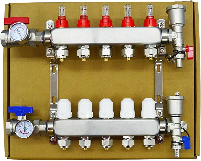 5 Branch PEX Radiant Floor Heating Manifold Set Floor Heating Water Distributor 1/2" Pipe Adapter 304 Stainless Steel and Brass, for Heating Systems