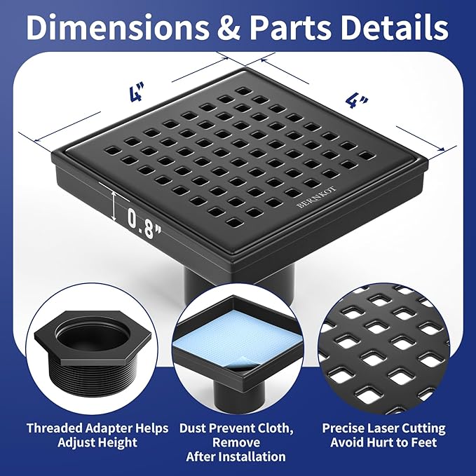 Square Shower Drain 4", 304 Stainless Steel Floor Drain w/Hair Strainer, Grid Shower Drain w/CUPC Certified (Matte Black, 4 Inch)