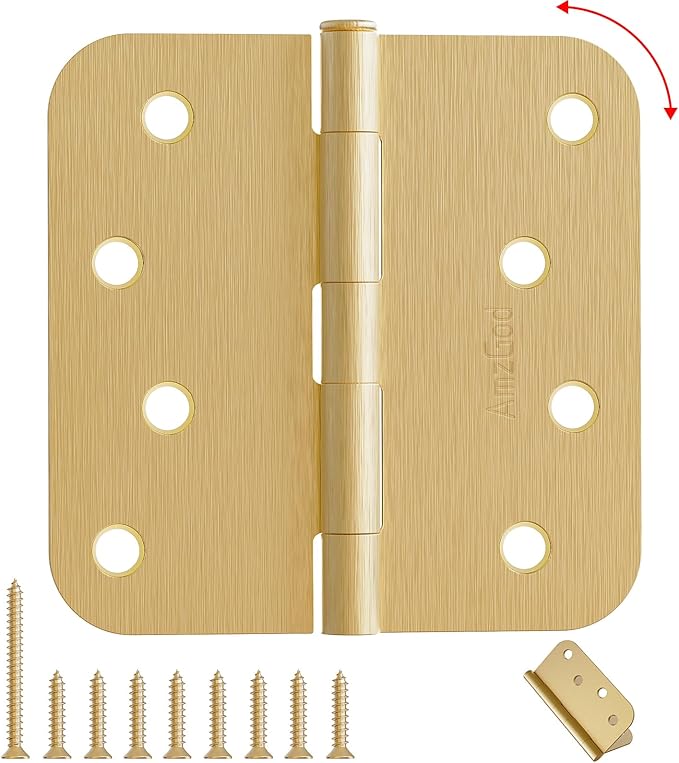 4" X 4" Satin Brass Door Hinges – 12 Pack Satin Gold Brushed Brass Door Hinges with 5/8" Radius, Rounded Interior & Heavy Duty Front Door Hinge for Home, Gate, Furniture, Residential Use