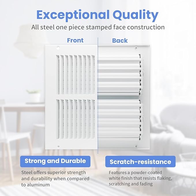 10 x 10 Inch [Duct Opening] Air Vent Covers for Wall or Ceiling - High Airflow 2 Way Steel Ventilation - Adjustable Wall/Ceiling Register, 11-3/4 Inch x 11-3/4 Inch [Overall Dimensions]