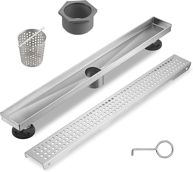 Linear Shower Drain 32 Inch Rectangular, Brushed Nickel SUS-304 Stainless Steel Shower Drain, 51L/Min Fast Drainage Floor Linear Drain, US Standard CUPC Certified, Brushed Silver, SD-112-32S