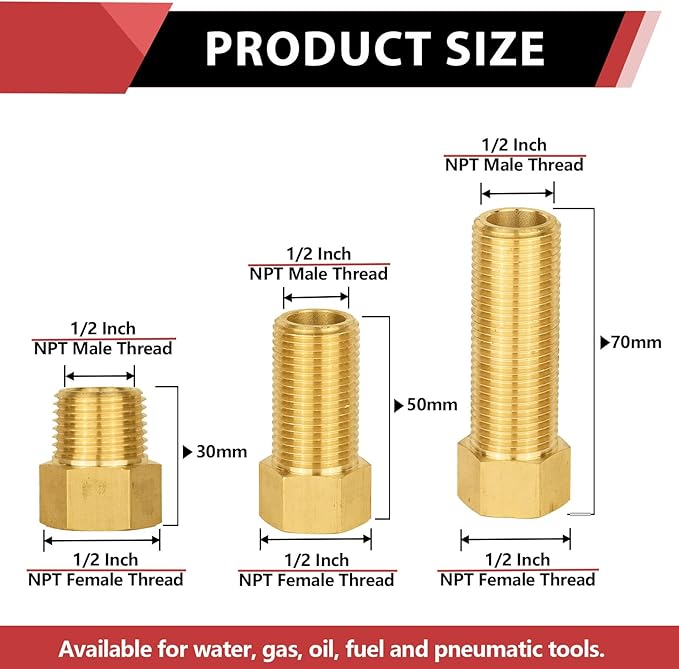 EFIELD 1/2" Male Pipe(NPSM) x 1/2" Female Pipe (NPSF) Brass Fitting Adapters, Hex Connector with Sealing Tape (MIx Sets 30,40,50MM),(NPT141)