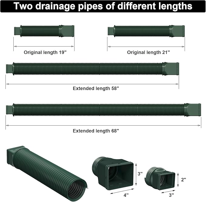 2 Pack Rain Gutter Downspout Extensions, Flexible Downspout Extender with 58"+68" Extendable Pipes for Rain Water Drainage, Durable Down Spout Drain Extension with Connector (Green)