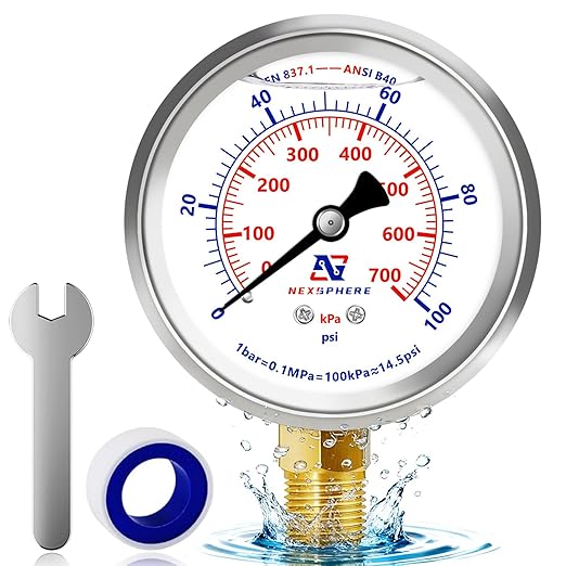 100 PSI Liquid Filled Pressure Gauge, 1/4 NPT Lower Mount, 2.5" Dial, 304 Stainless Steel Case, Glycerin Filled Plumbing Pressure Gauge, for Home Air/Oil/Water Pressure Test