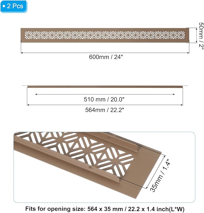 PATIKIL 24 x 2 Inch Door Air Vent Cover, 2 Pcs Heavy Duty Aluminum Grille Ventilation Cover Louvered with Mounting Screws for Cabinet Wardrobe Door, Brown
