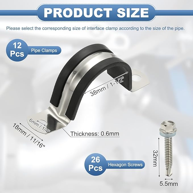 PATIKIL 12Pcs Pipe Clamps, 1-1/2 Inch 304 Stainless Steel Rubber Cushioned U Bracket Conduit Clamps Pipe Strap Wire Clips with Hexagonal Screw for Tube Hose Cord Installation, 38mm