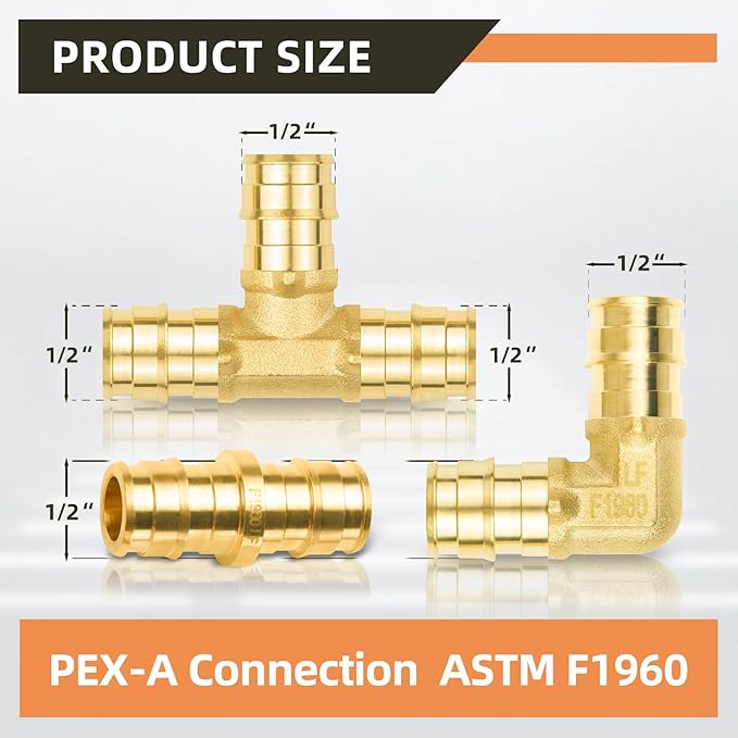 12-Pack YVSKM 1/2" PEX-A Fittings Set – 3 Tee, 4 Elbow, 5 Coupling, ASTM F1960 Expansion Fittings,No Lead Brass, Compatible with PEX-A Tubing, Residential Hot & Cold Water and Radiant Heating Systems