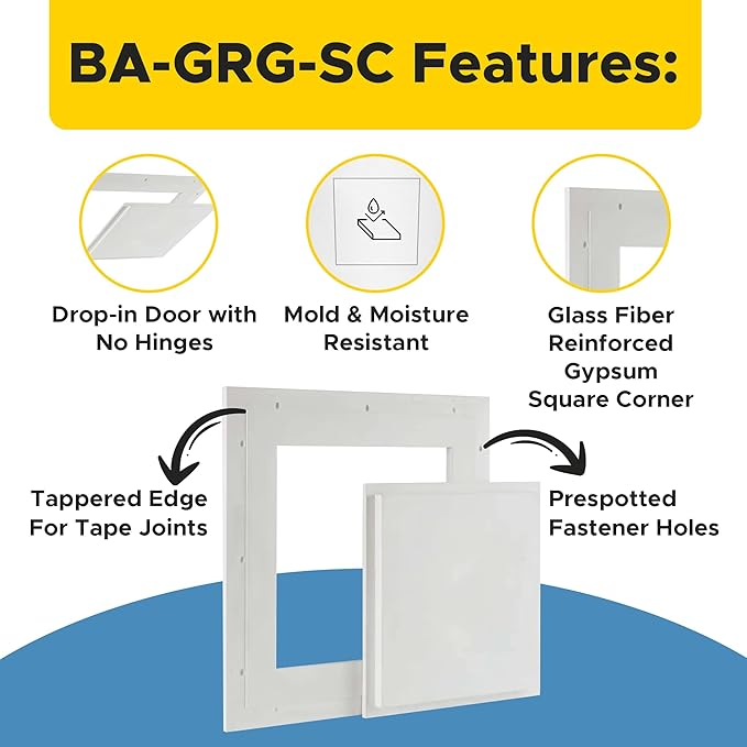 Best 16” x 16” Pop-Out Gypsum Access Panel with Glass Fiber Reinforced Square Corner, Light Weight Ceiling Access Panel, Easily Textured Access Door, No Shrinkage & Cracking, White, AMZ-BA-GRG-SC