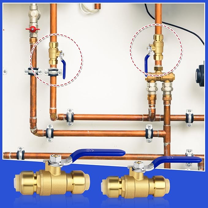 Push Fit Ball Valve, 2pcs 1/2 Inch x 1/2 Inch Push-to-Connect Water Shut Off Valve with 1 Disconnect Clip, Brass Plumbing Water Valve, Pex Push Ball Valve, Used for PEX or PVC Tubing or Copper Pipes