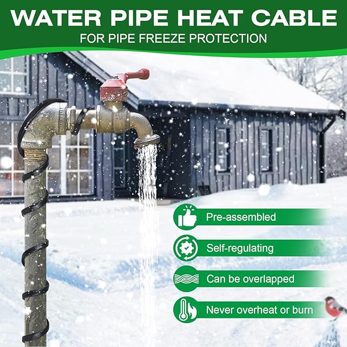 50FT Heat Tape for Water Pipes，-40°F Anti-Freeze De-Icing Heating Tape, Pipe Insulation Heating Cable for Insulation/Roof Snow Removal, Gutter Heating Cable, Heated Water Hose 120V 5W/ft