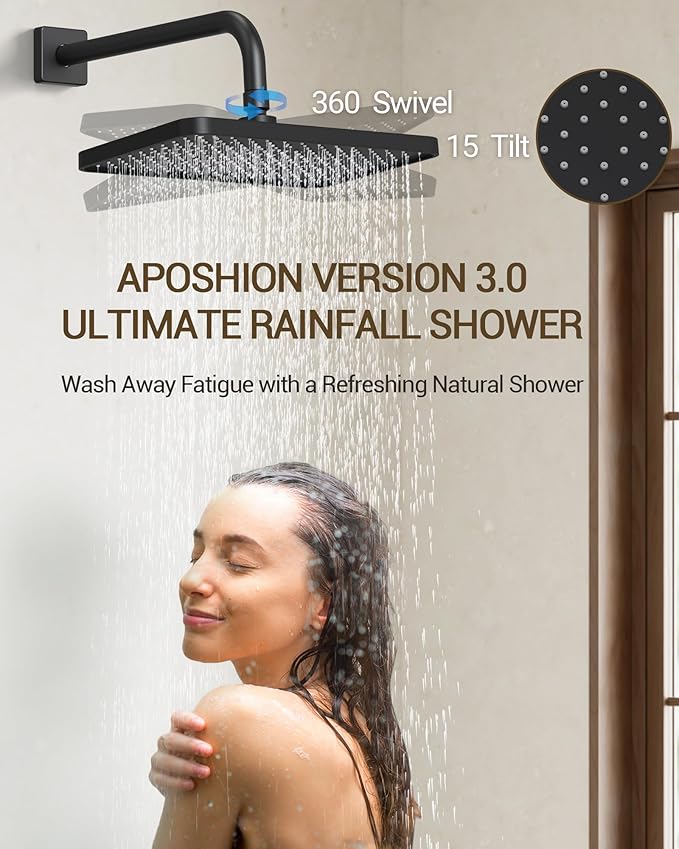 Upgraded Shower System for Bathroom: Aposhion 12 Inch Square Rainfall Shower Faucet Set Rough-in Pressure-balanced Valve with Handheld Sprayer, Wall Mounted Luxury Rain Shower Faucet Kit Complete
