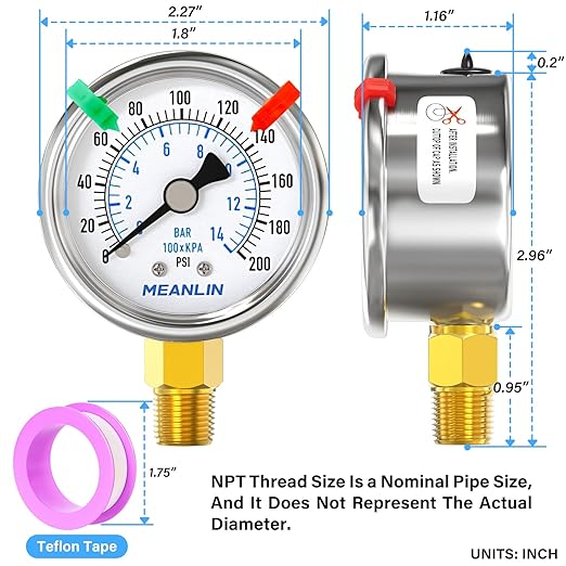 MEANLIN MEASURE 0~200Psi Dry Pressure Gauge Stainless Steel 1/4" NPT 2" FACE DIAL Waterproof for Air Compressor Air Regulator Water Filter Lower Mount (with 2PCS Snaps)