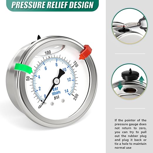 0-200PSI Stainless Steel Liquid Filled Pressure Gauge, 2.5" Dial Size, 1/4" NPT 316 Stainless Steel Joint, Back Mount, for Tube, Water Pump, Gas, Liquid (with Range Mark Pointer)