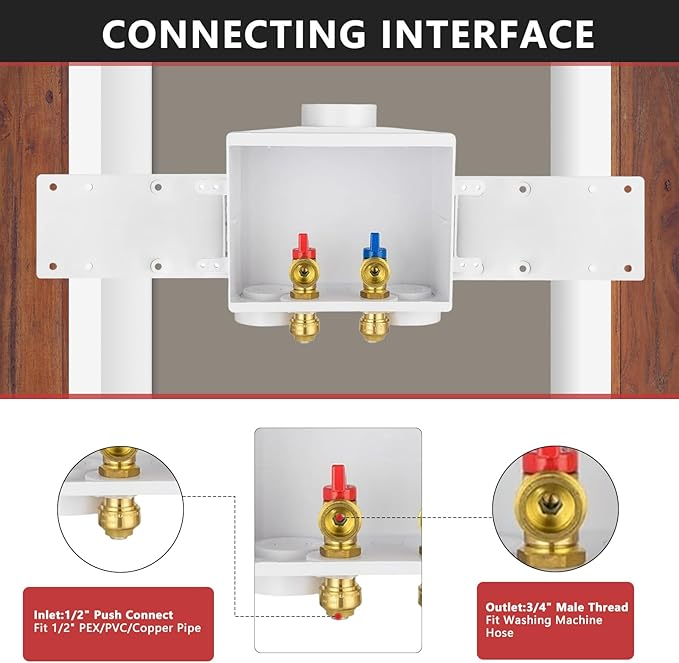 EFIELD Double Drain 1/2 Inch Push Fit Connection x 3/4 Inch MHT Washing Machine Outlet Box,(WM043)