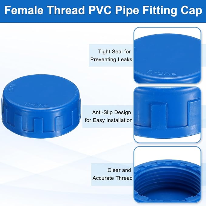 uxcell 5Pcs 1-1/4 Inch PT Female Thread PVC Pipe Fitting Cap, Cleanout Water Drain End Caps, Pipe Plug Socket Fittings with Gasket for Water Heater Supply Lines, Plumbing, Blue