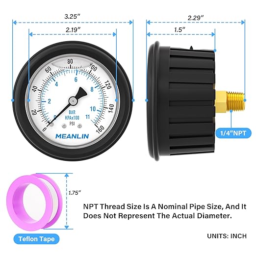 MEANLIN MEASURE 0~160Psi Stainless Steel Liquid Filled Pressure Gauge 1/4" NPT 2.5" FACE DIAL with Rubber Protective Sleeve, Center Back Mount