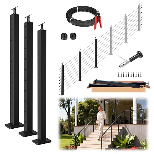Upgraded 8-20FT Swageless Black Stair Cable Railing Post Kit 36 Inch, 3 Heavy-Duty T304 Stainless Steel Post Fit 28-38 Degree Stairway, Patent Reusable Terminal, Outdoor Finish(No Handrail)