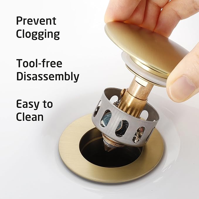 KES All Metal Bathroom Sink Drain with Strainer Basket Hair Catcher Anti Clog Pop Up Drain Stopper for Vanity Vessel Sink with Overflow, Rustproof 18/8 Stainless Steel Brushed Gold, S2013A-BZ