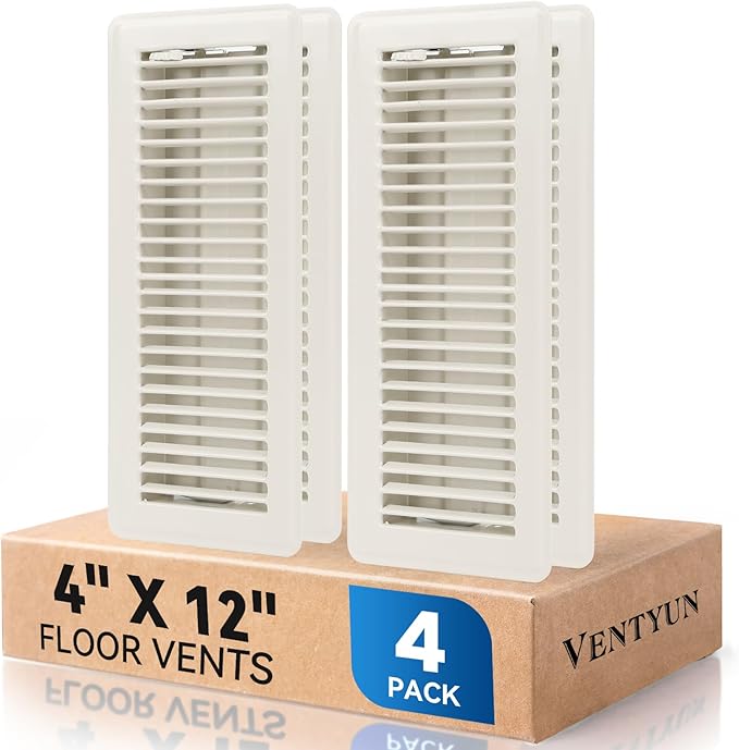 4" x 12" Floor Register Vent Covers 4-Pack, Walkable Powder-Coated Metal Vent Covers with Adjustable Airflow, Curved Safe Edges for Floor/Wall, White
