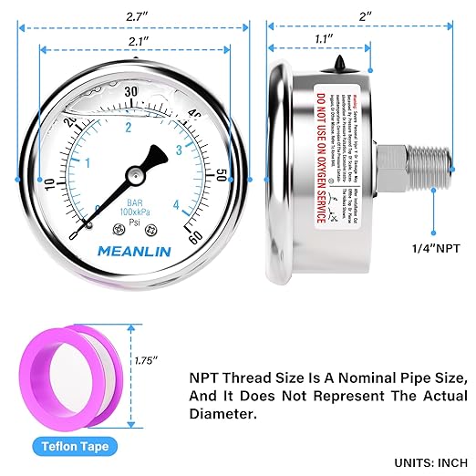 MEANLIN MEASURE 0~60Psi Liquid Filled Pressure Gauge Stainless Steel with 316 Stainless Steel Joint 1/4" NPT 2.5" FACE DIAL for Pool Filter Pump Water Oil Air Compressor Center Back Mount