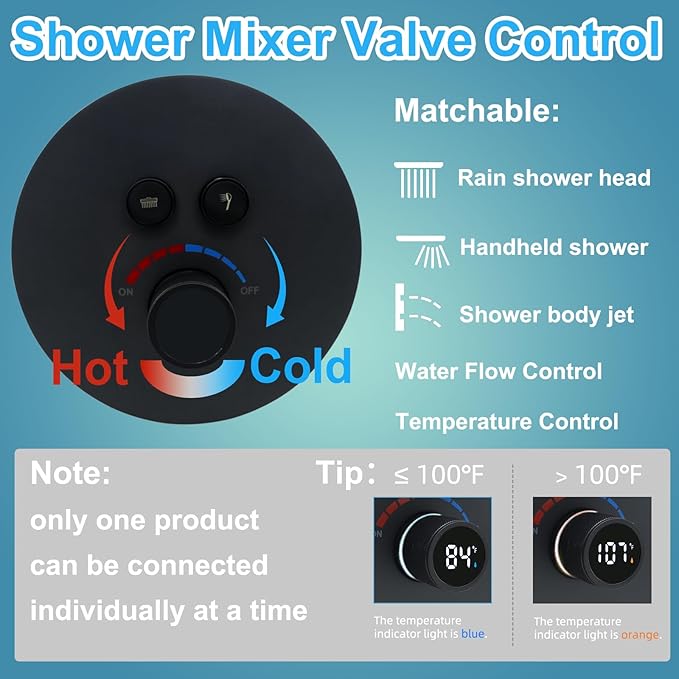 Round Digital Display Shower Valve 2 Way Shower Mixing Valve Concealed Installation Can Use All the Time Matte Black