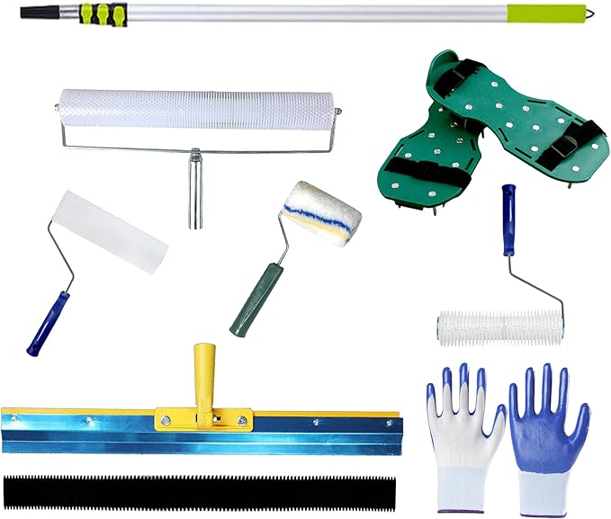 Self Leveling Concrete, Epoxy Floor Kit, Garage Floor Epoxy Kit Self Leveling Rake, Telescopic Pole, Floor Leveling Tools, Spike Roller for Self-Leveling, Spike Shoes for Epoxy Flooring