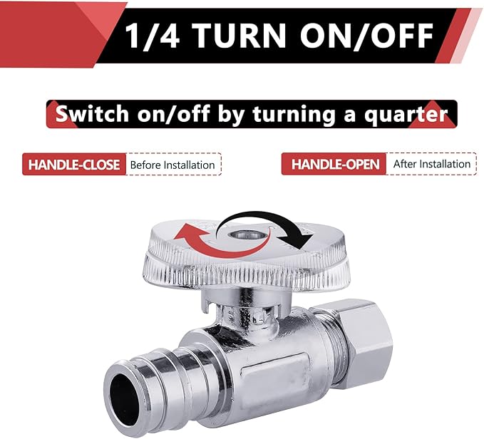 (Pack of 4) EFIELD Pex-a 1/4 Turn Straight Stop Valve 3/8" OD Compression x 1/2" Expansion (F1960) Chrome Plated Brass,(VALVE098-4PCS)