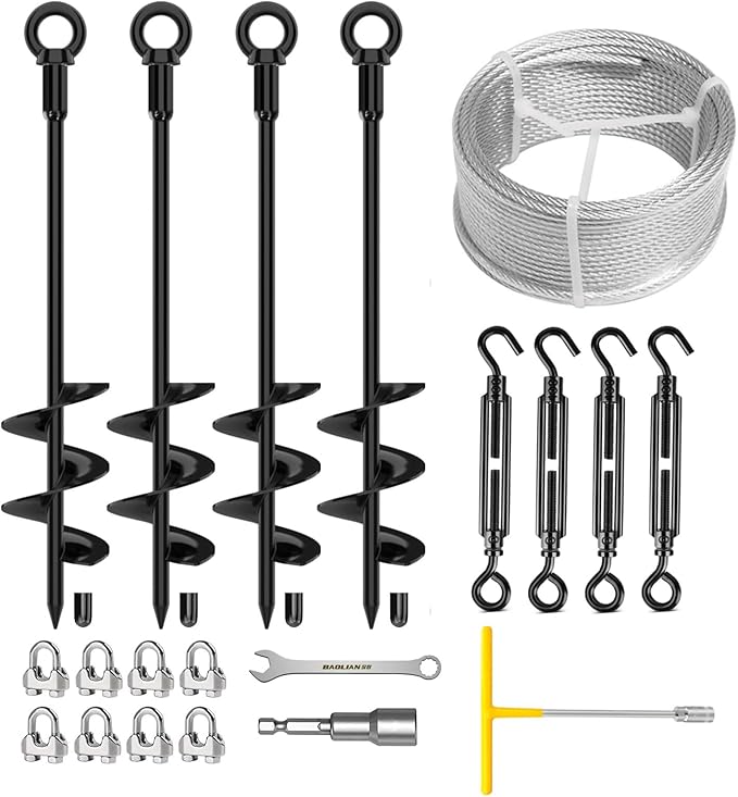 4 Pack 18" Fully Welded Ground Anchors Shed Anchor Kit with 1/8" Galvanized Cable, Heavy Duty Earth Anchors High Wind Screw in for Trampoline Swingset Tent Greenhouses (Black)
