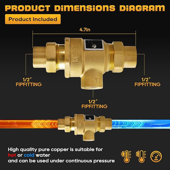 1/2 Inch 9D-M3 Backflow Preventer, Brass Dual Check Valve with Intermediate Atmospheric Vent, 190T012 Replacement for Watts, Female NPT for Boiler Feed Line, Lab, Sterilizer
