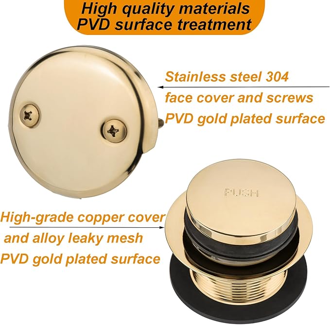 (1 Pack) Yariwiz 1-1/2" Golden Bathtub Tub Drain Kit Bath Waste Overflow Drain Tube Assembly with Touch-Toe Tub Drain Stopper and Overflow Faceplate Gold