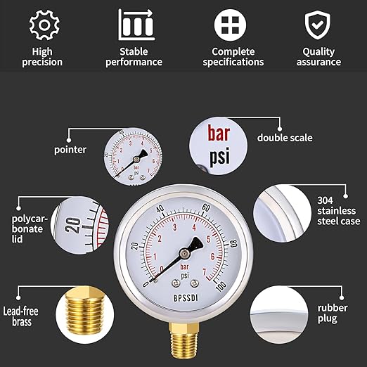 100 Psi Vacuum Pressure Gauge,Lead-Free Water Pressure Gauge, 2.5" Dial Size, 1/4" NPT Lower Mount, 304 Stainless Steel Case, for Pneumatic Air Compressor RV Regulator Valve Test(with Tape)