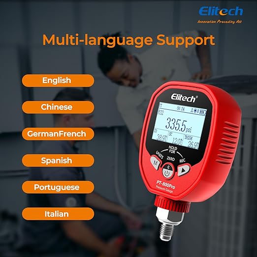 Elitech PT-800Pro Digital Pressure Gauge – High Pressure HVAC Refrigeration Manifold Gauge with Bluetooth, Temperature Clamp, and Leak Detection