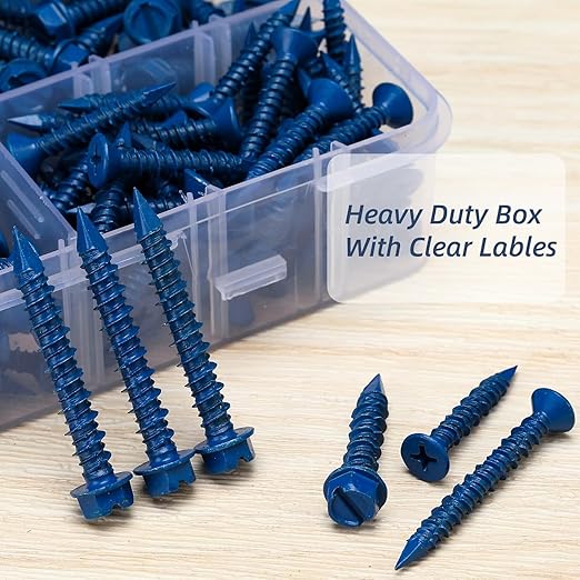 232Pcs Concrete Screws with Drill bits,1/4 3/16 Masonry Screws for Concrete Assortment Kit,4 Sizes Flat & Hex Head Block Cement Stacoo Screws and Anchors,Diamond Point,Blue Coated