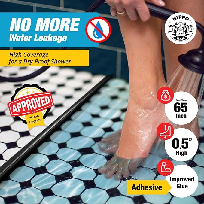 Shower Threshold Water Dam Barrier 65" - Black Collapsible Shower Water Blocker - Guard for Walk in Shower - Water Guard Stopper for Floor - Shower Door Water Blocker by Hippo Dam
