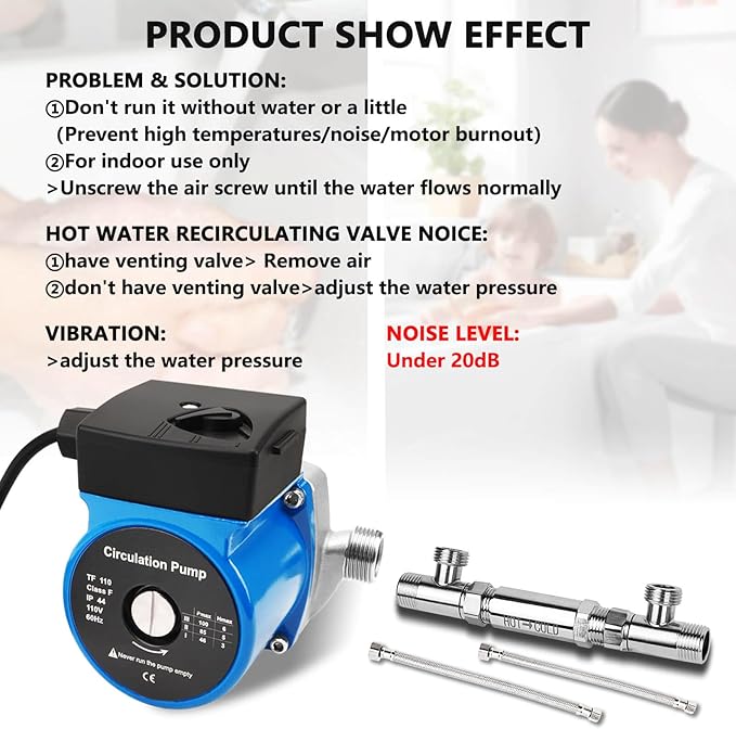 Hot Water Recirculating Pump Recirculation System & BSP 3/4" w/NPT 1/2" Adapter, Sensor Valve 304 Stainless Steel Bybass Valve Kit for Instant Hot Tank Water Heaters # 595916 095580