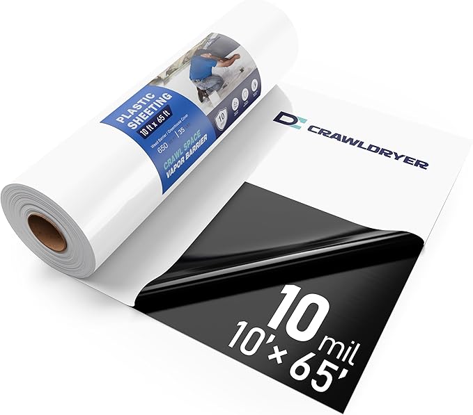 Crawl Space Vapor Barrier - 10 mil (10' x 65'), Thick Plastic sheeting, Drop Cloth Moisture Barrier Covering for Crawl Space Encapsulation, Heavy Duty Polyethylene Film, Black and White Panda Film
