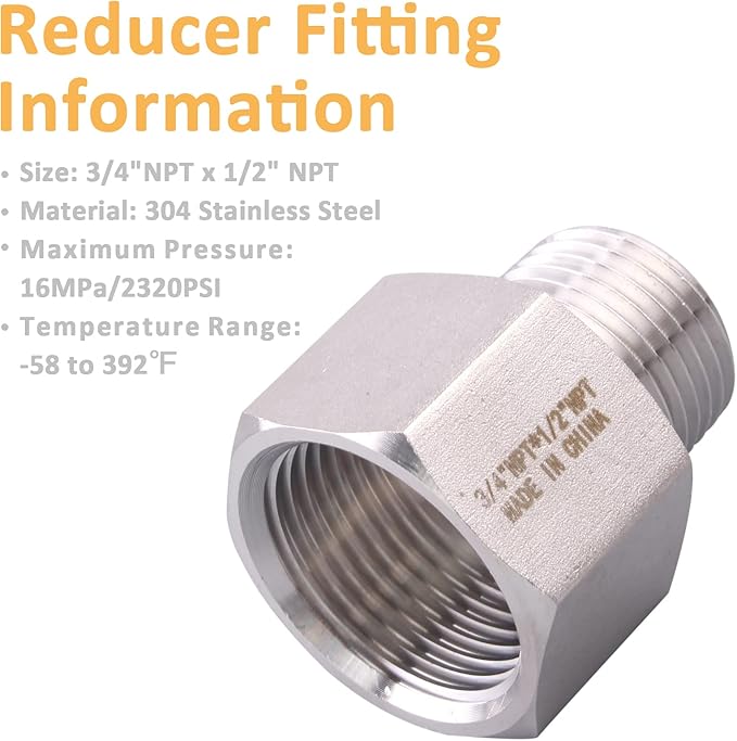 Forged Reducer Adapter Fitting - Stainless Steel 304 Reducing Pipe Connector, 3/4" NPT Female x 1/2" NPT Male (pack of 5)