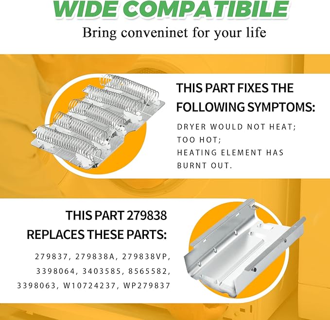 Upgraded 279838 Dryer Heating Element for Whirlpool Maytag kenmore 70 80 Series Amana Roper Admiral Dryer wed4815ew1 ned4655ew1 medc215ew1 - Replaces W10724237 4531017 3403585 3398064 by Techecook