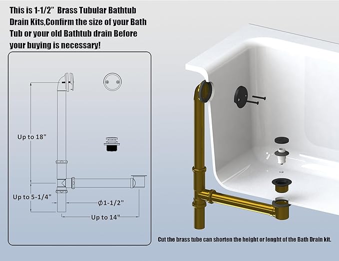 Artiwell 1-1/2" Brass Tubular Bath Drain Kit with Tip-Toe Bath Drain Stopper, Touch-Toe Tub Drain, Tip Toe Bathtub Drain Waste and Overflow with Plug and Bathtub Overflow Drain Cover, Matte Black
