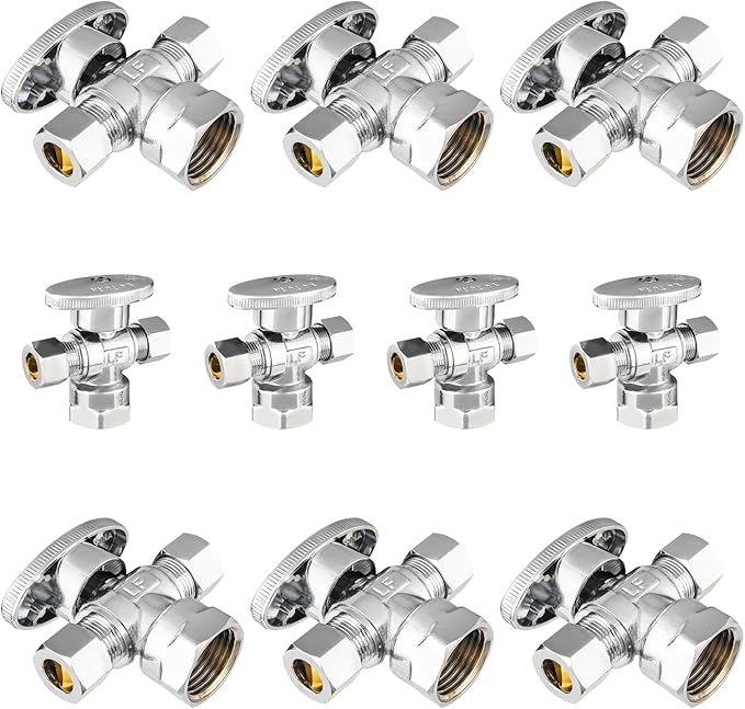 10-Pack Foskan Dual Outlet Angle Stop Valve,1/4 Turn Shut off Valv,1/2" FIP x 3/8" OD x 3/8" OD,Chrome Plated Brass