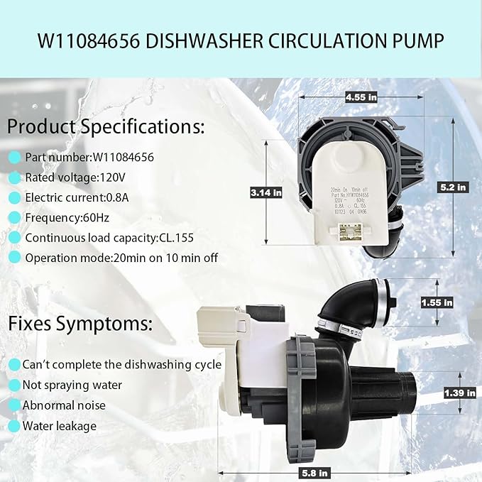 W11084656 Dishwasher Circulation Pump & Motor Assembly Compatible with Kenmore, Whirlpool, KitchenAid, Amana, Replacement Part: 4534097, PS12070585, W10805387, W10854710, AP6050340