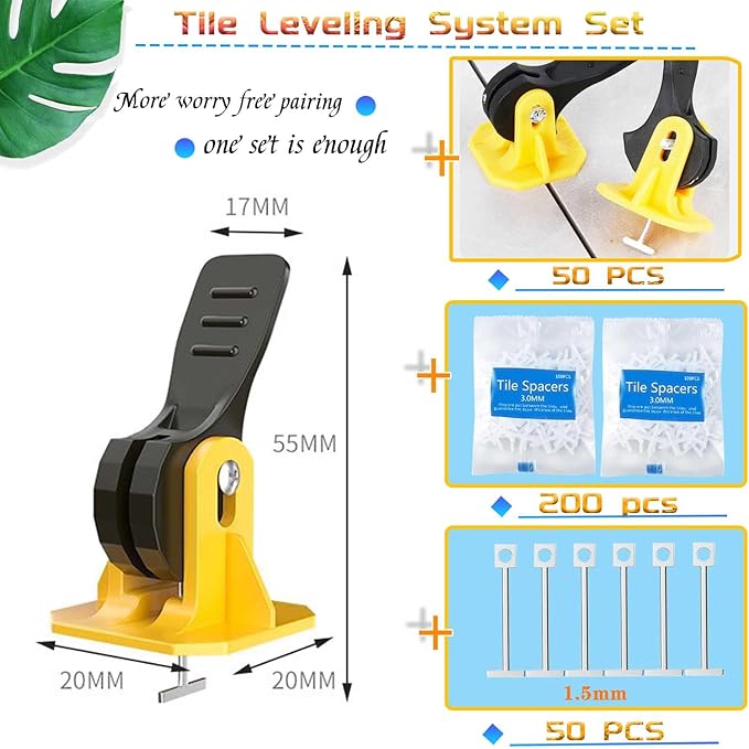 50pcs Tile Leveling System Reusable+200pcs Cross Tile Spacers 1/8"+50pcs Replaceable Spare Steel T-Pin 1/16 Ceramic Tile Tools Plastic Shims Floor Installation Leveler Kit Adjustable Universal