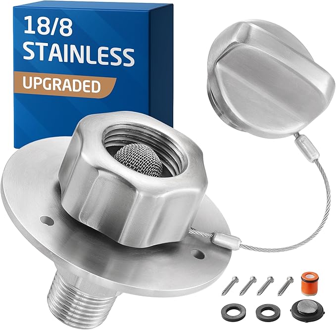 KES All Metal RV Water Inlet Connection with Check Valve, 18/8 Stainless Steel RV City Water Inlet Replacement, Upgraded Leak-Proof Design for Camper, Trailer, Marine & Boat, Brushed Finish, RWI200-BS
