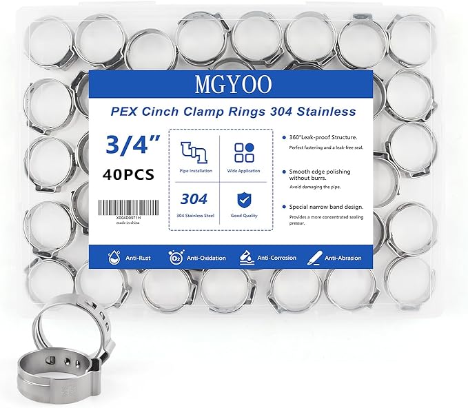 3/4 inch Pex Clamps 40pcs Pex Crimp Rings Single Ear Hose Clamps Stainless Steel Pex Fittings Cinch Clamp Ring for PEX Pipe Tubing
